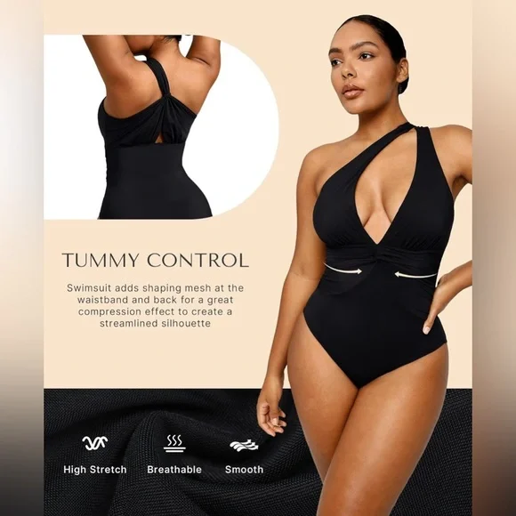 SHAPELLX Women's One Piece Swimsuit Tummy Control Ruched Full Coverage V Neck - Picture 2 of 9